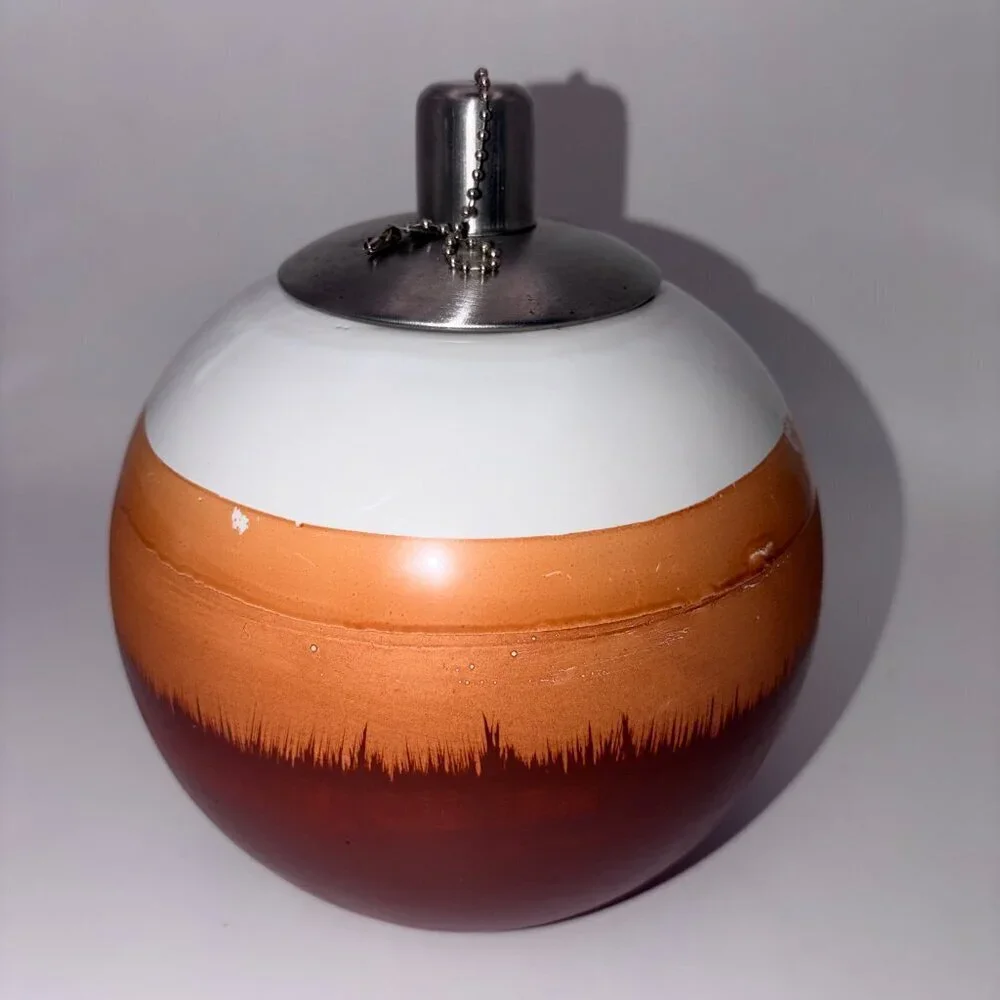 VTG Glass Fragrance Oil Lamp Mid Century Modern Amber White Glass Metal Wick 7